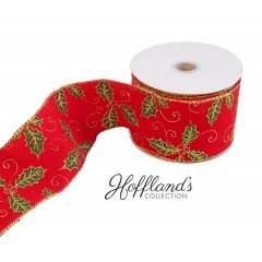 6 cm X 9 meter, rødt velourbånd med kristtjørn