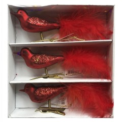 Glasfugl med clip, rød med fjer, 19 cm, sæt a 3 stk
