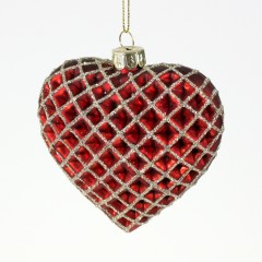 Julehjerte, glasornament, rød med guld glitter, 9 cm