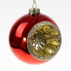 Julekugle med reflektor, i kraftigt glas, blank rød med guld glitter, 8 cm