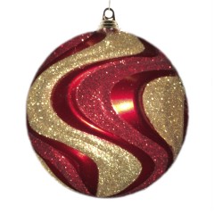 20 cm julekugle med bølger, perlemor rød med guld og rødt glitter