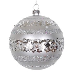 8 cm julekugle, mat, sølv m/horizontal sølv glitter bælter